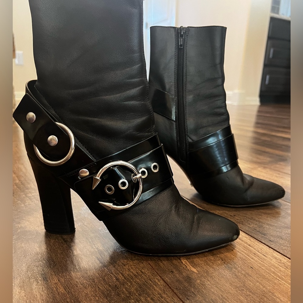 TopShop black booties with silver accessories.